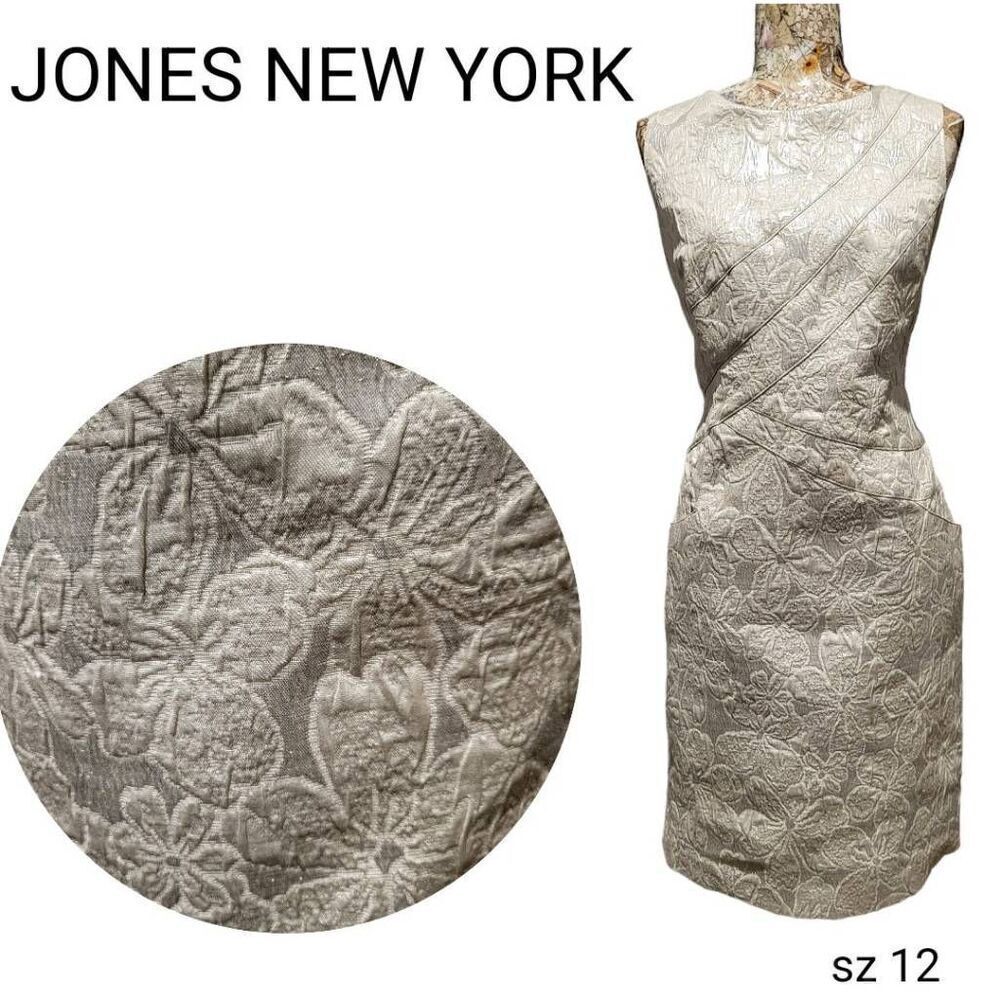 Jones New York Neutral Metallic Floral Sheath Dress with Pockets